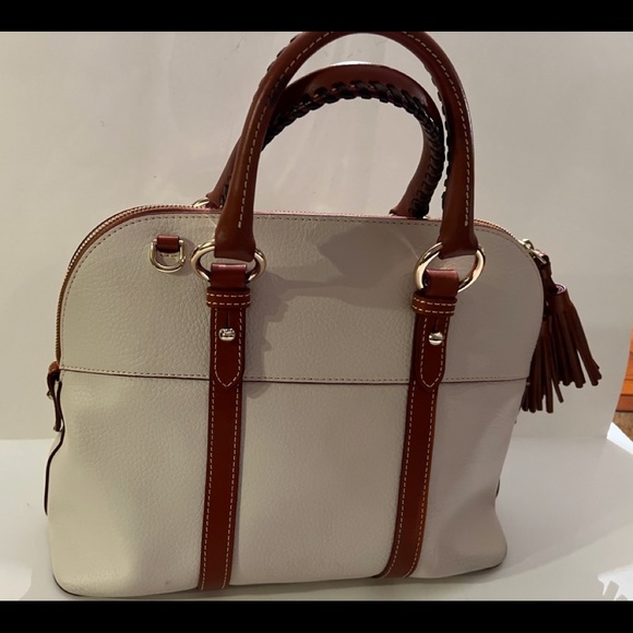 Dooney & Bourke Aubrey Cream/ Brown Pebble Leather Tassel Satchel Handbag - Picture 7 of 16
